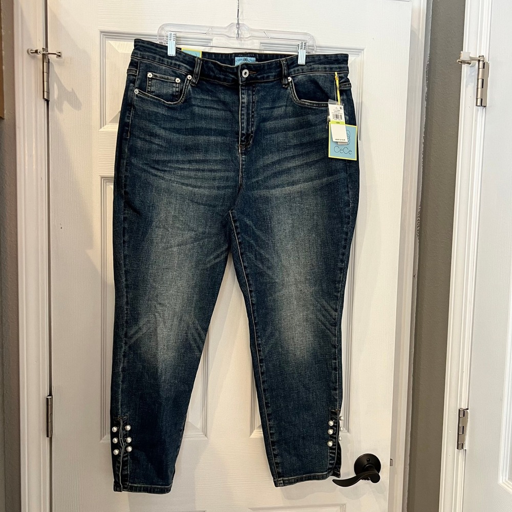 CeCe Skinny Jeans Cotton Blend Dark Wash Pearl Embellished Ankle Split Hem 18W